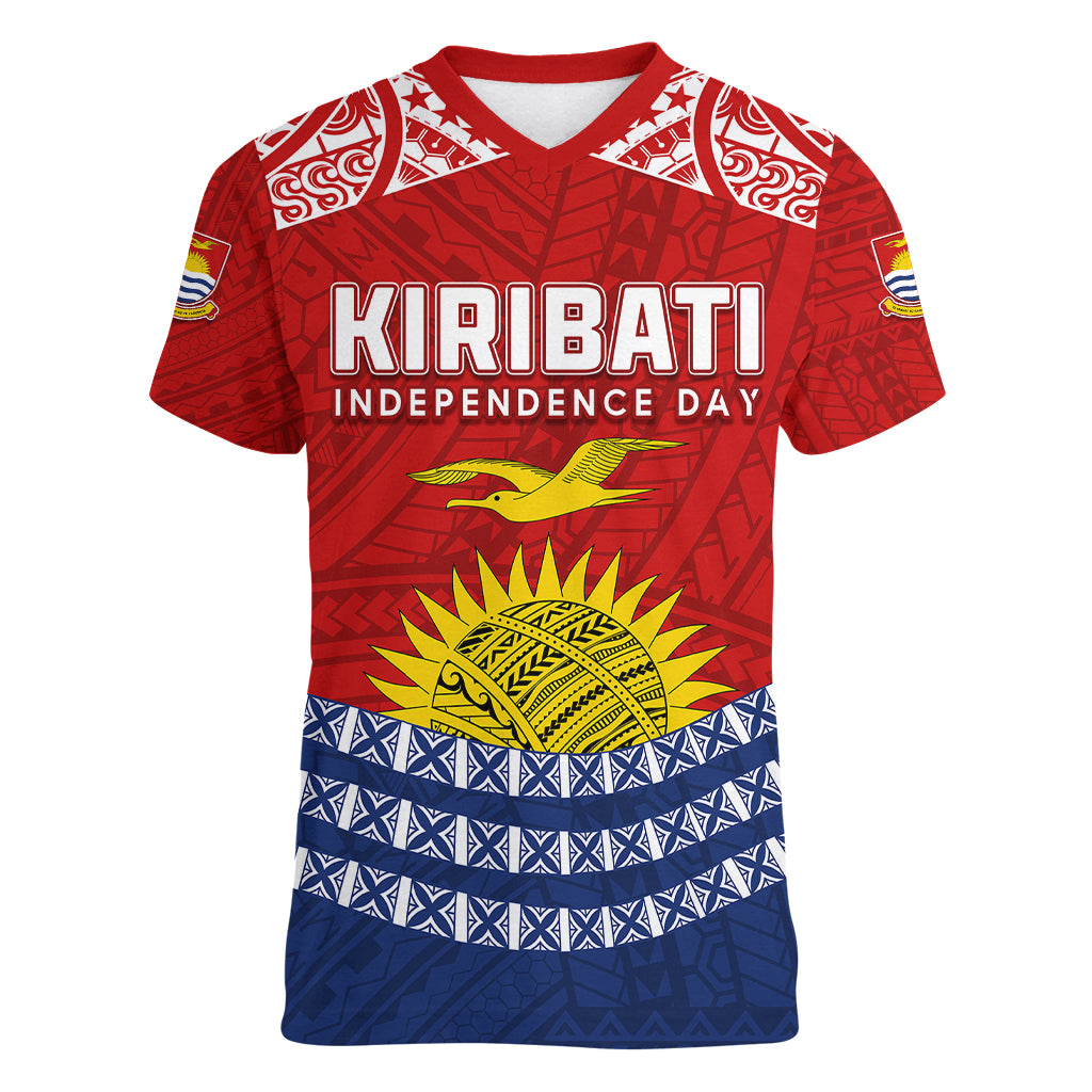 Personalised Kiribati Independence Day Women V Neck T Shirt Flag Style 44th Anniversary LT7 Female Red - Polynesian Pride