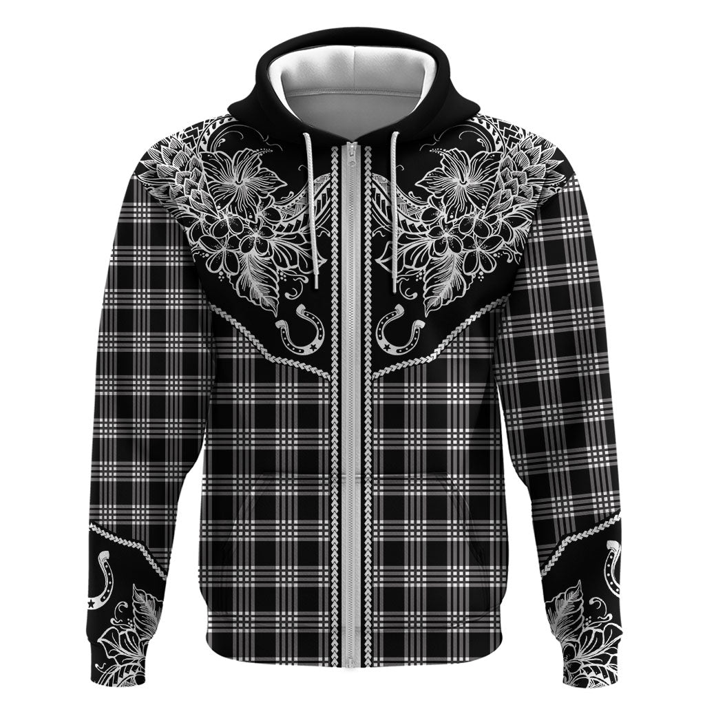Hawai'i Paniolo Motif Black Zip Hoodie Floral Palaka Print LT7 Zip Hoodie Black - Polynesian Pride