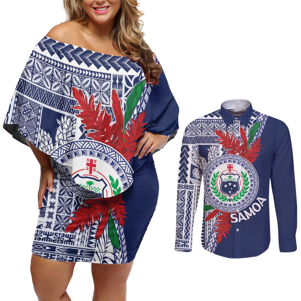 Samoa Rugby Personalized Couples Matching Off Shoulder Short Dress and Long Sleeve Button Shirt Toa Samoa Myriad Siapo LT7 Blue - Polynesian Pride