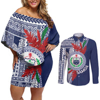Samoa Rugby Personalized Couples Matching Off Shoulder Short Dress and Long Sleeve Button Shirt Toa Samoa Myriad Siapo LT7 Blue - Polynesian Pride