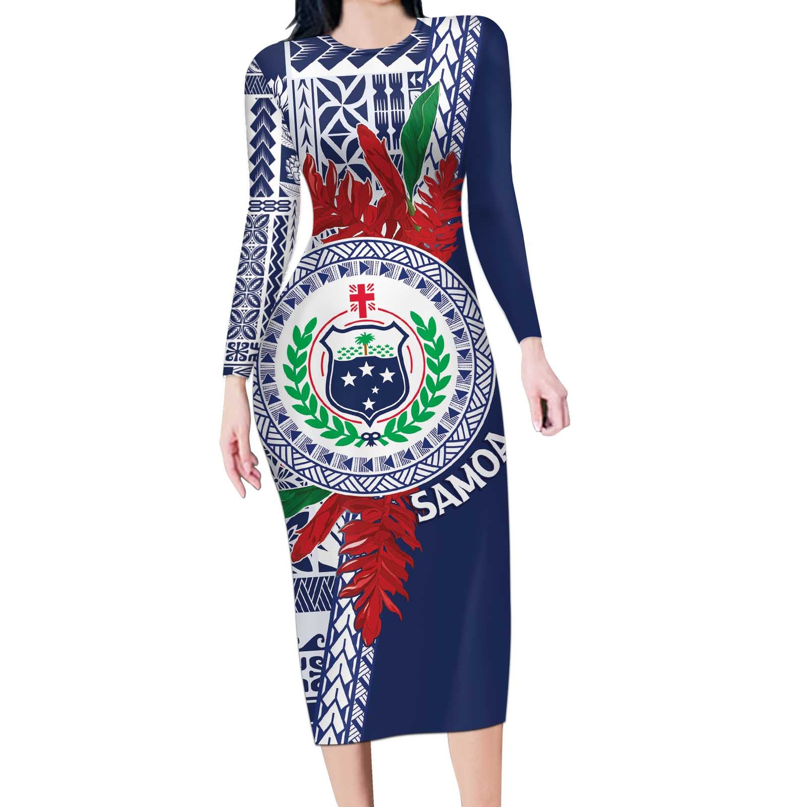 Samoa Rugby Personalized Long Sleeve Bodycon Dress Toa Samoa Myriad Siapo LT7 Long Dress Blue - Polynesian Pride