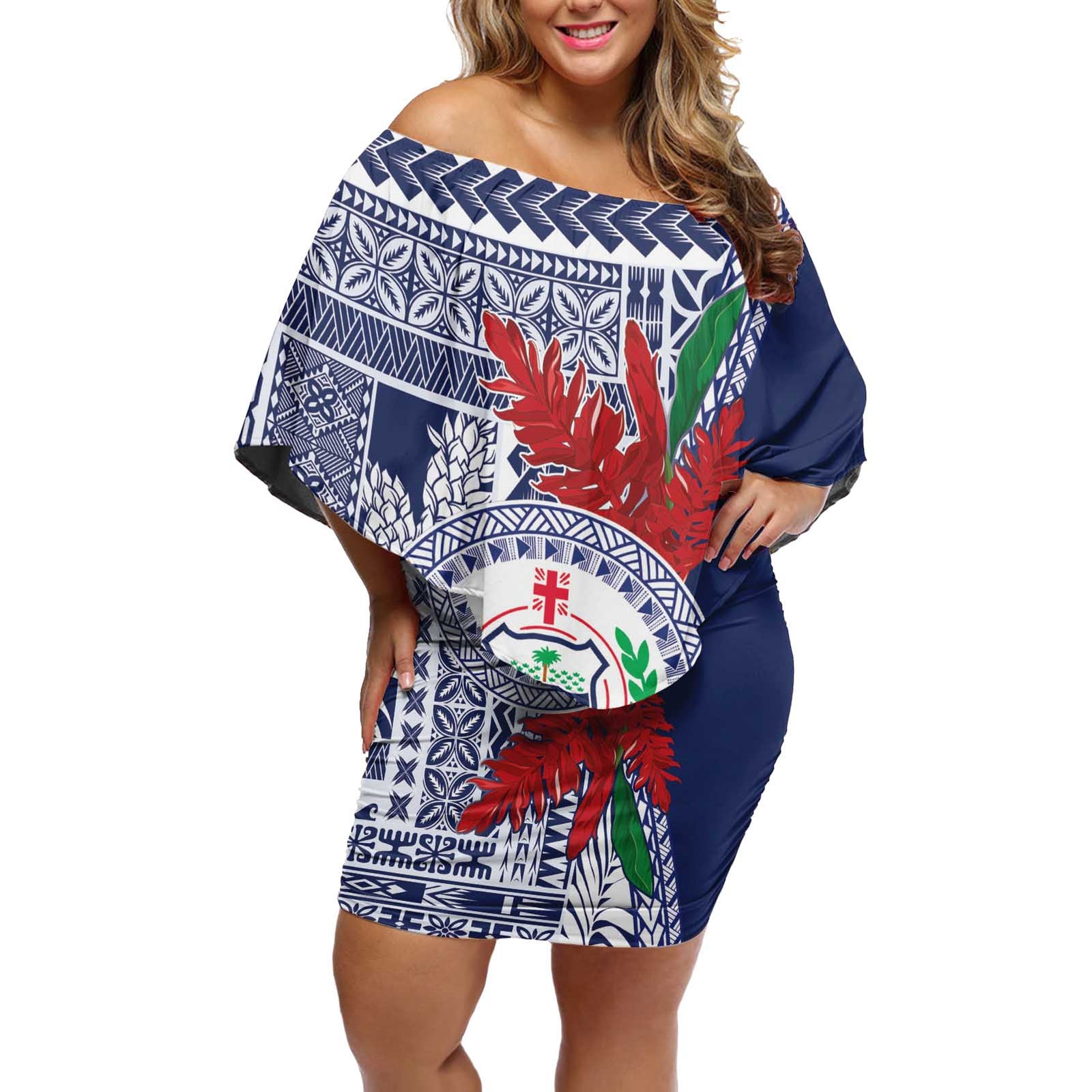 Samoa Rugby Personalized Off Shoulder Short Dress Toa Samoa Myriad Siapo LT7 Women Blue - Polynesian Pride