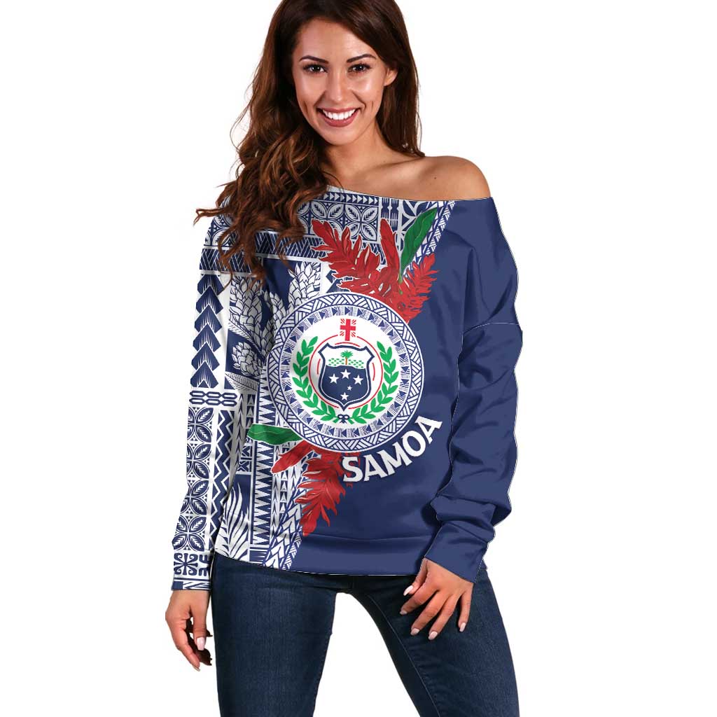 Samoa Rugby Personalized Off Shoulder Sweater Toa Samoa Myriad Siapo LT7 Women Blue - Polynesian Pride