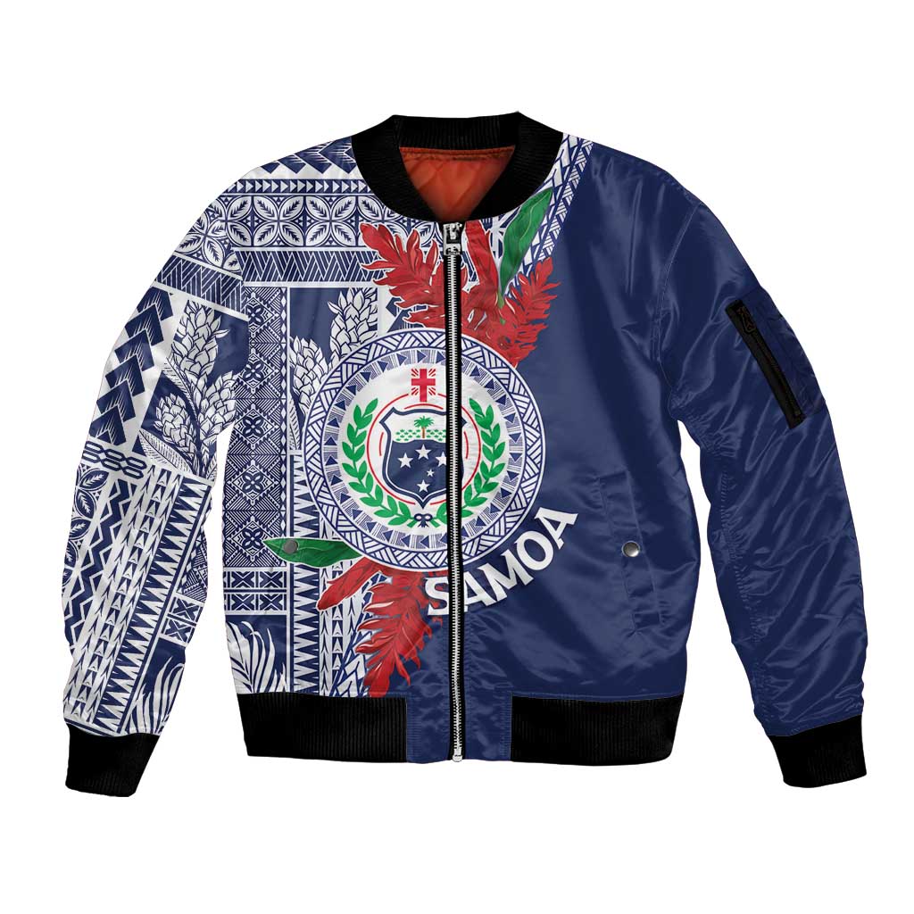 Samoa Rugby Personalized Sleeve Zip Bomber Jacket Toa Samoa Myriad Siapo LT7 Unisex Blue - Polynesian Pride