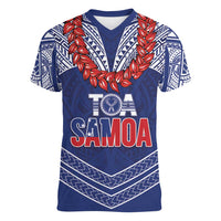 Toa Samoa Rugby Custom Women V-Neck T-Shirt Ulafala Mix Nifo'oti LT7 Female Blue - Polynesian Pride