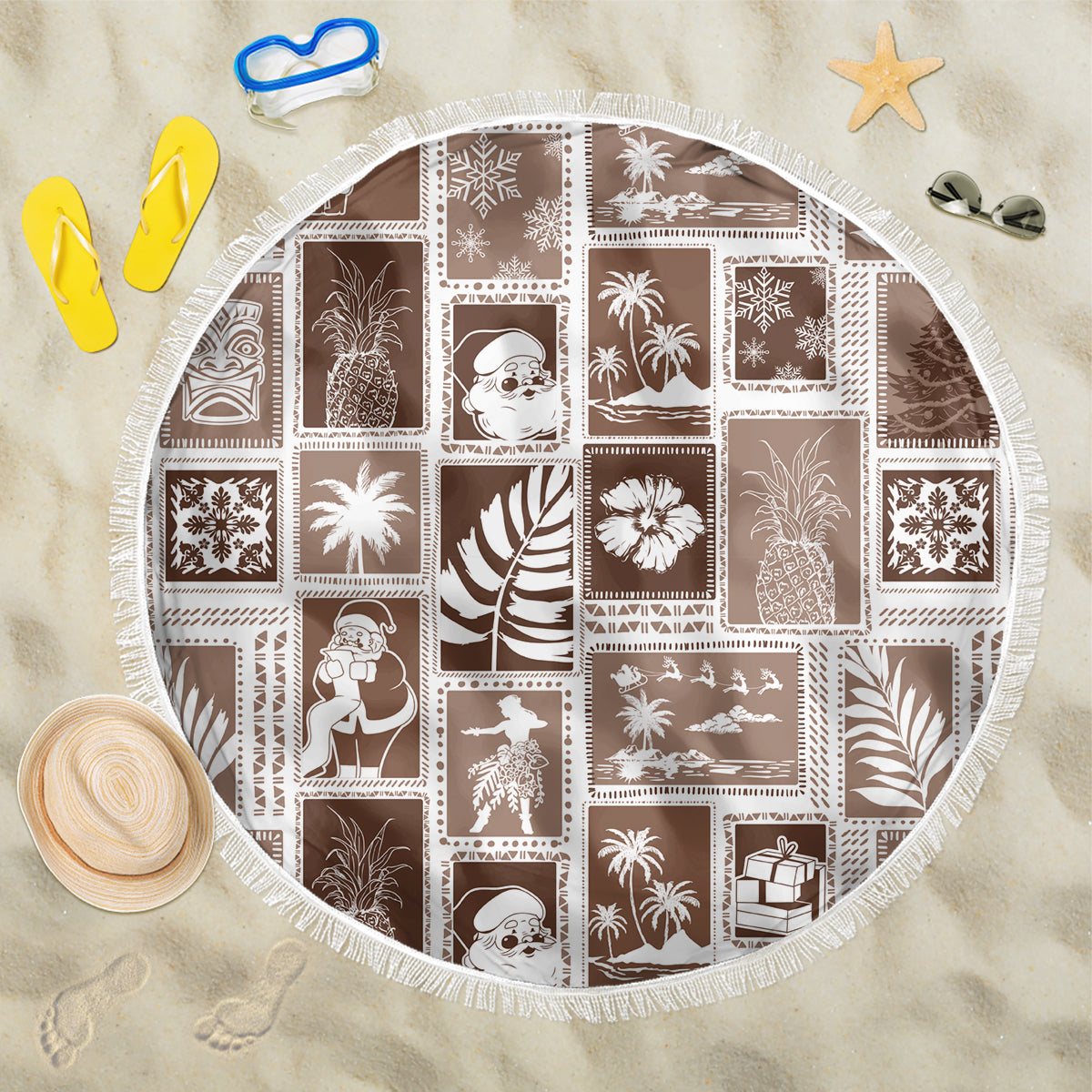 Hawaii Christmas Retro Patchwork Beach Blanket Brown LT7 One Size 150cm Brown - Polynesian Pride