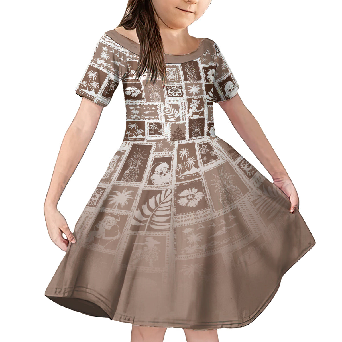 Hawaii Christmas Retro Patchwork Kid Short Sleeve Dress Brown LT7 KID Brown - Polynesian Pride