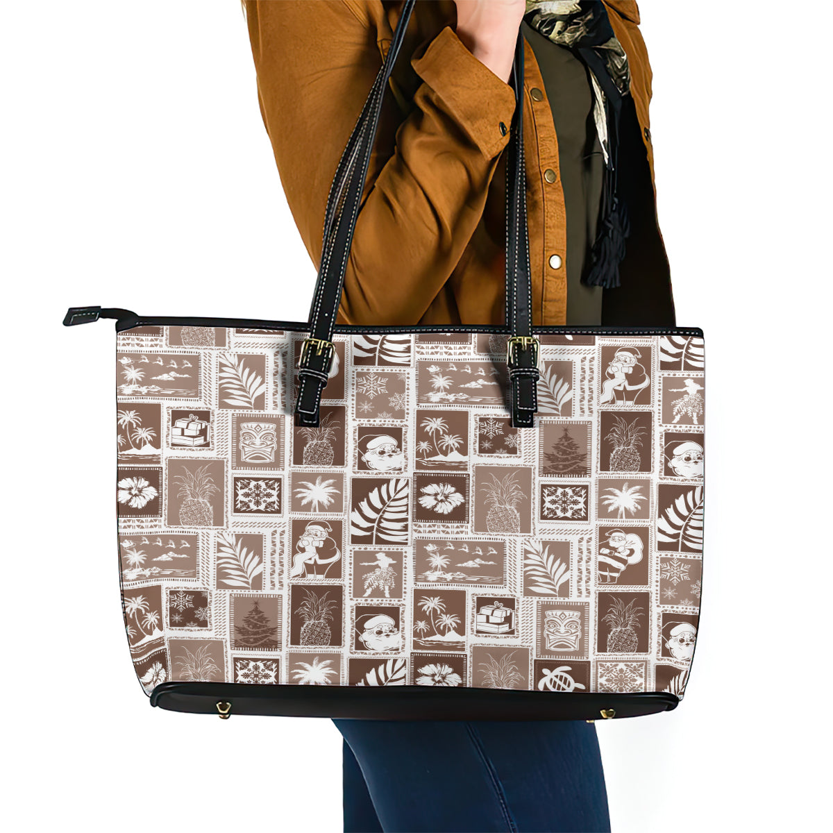 Hawaii Christmas Retro Patchwork Leather Tote Bag Brown LT7 - Polynesian Pride