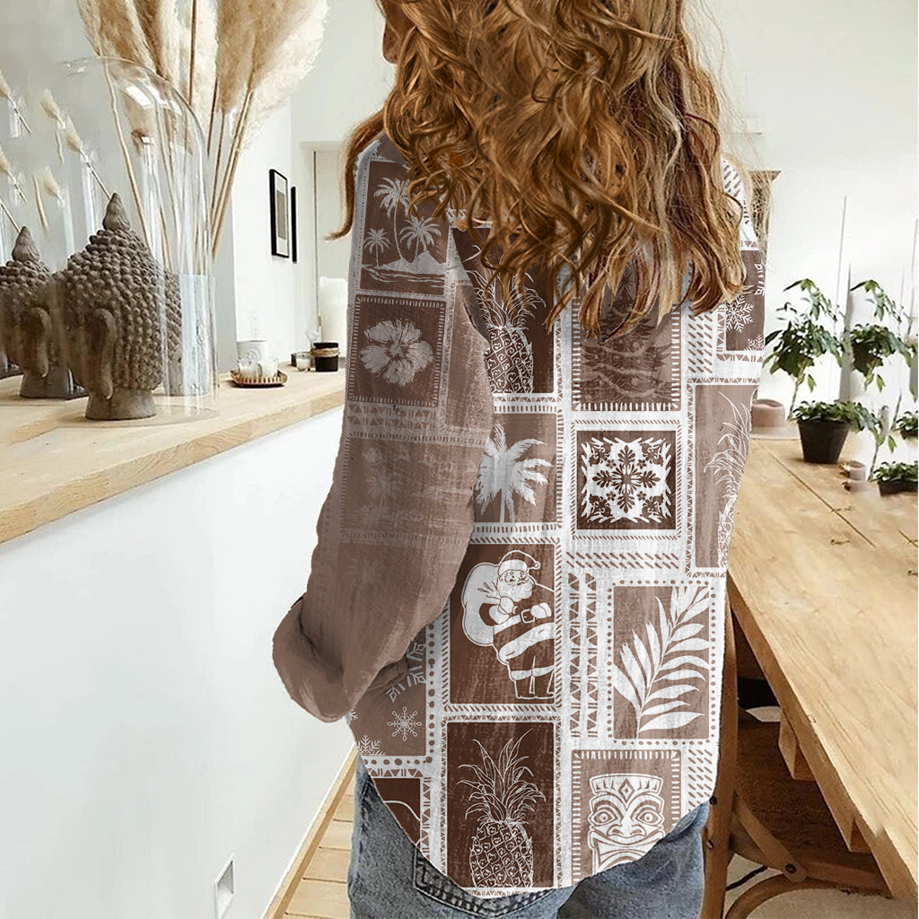 Hawaii Christmas Retro Patchwork Women Casual Shirt Brown LT7 - Polynesian Pride