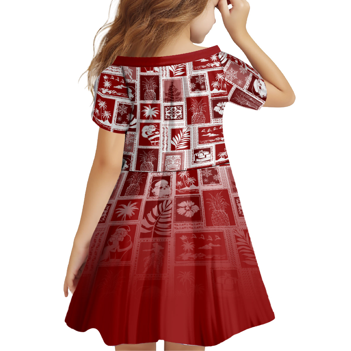 Hawaii Christmas Retro Patchwork Kid Short Sleeve Dress Red LT7 - Polynesian Pride