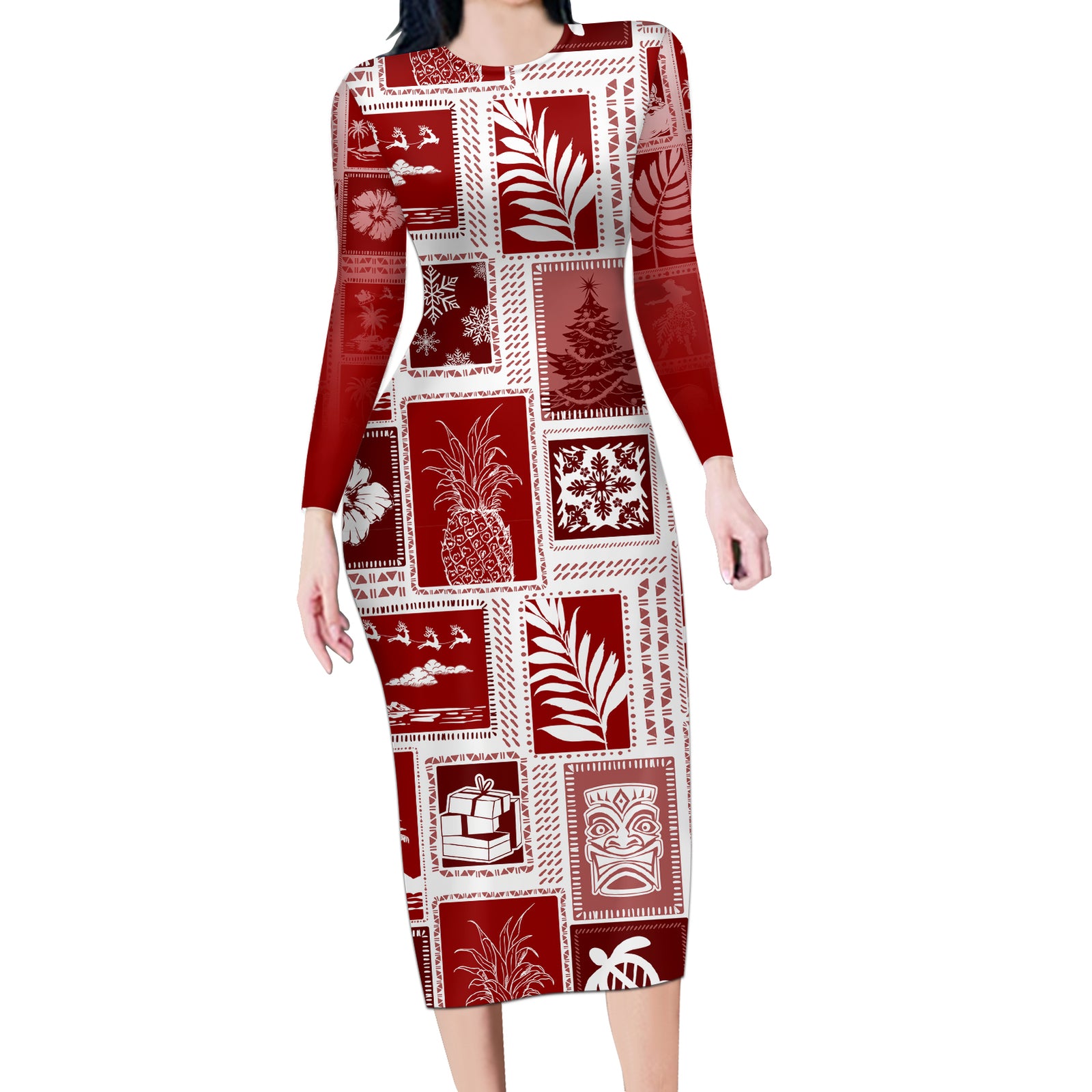 Hawaii Christmas Retro Patchwork Long Sleeve Bodycon Dress Red LT7 Long Dress Red - Polynesian Pride