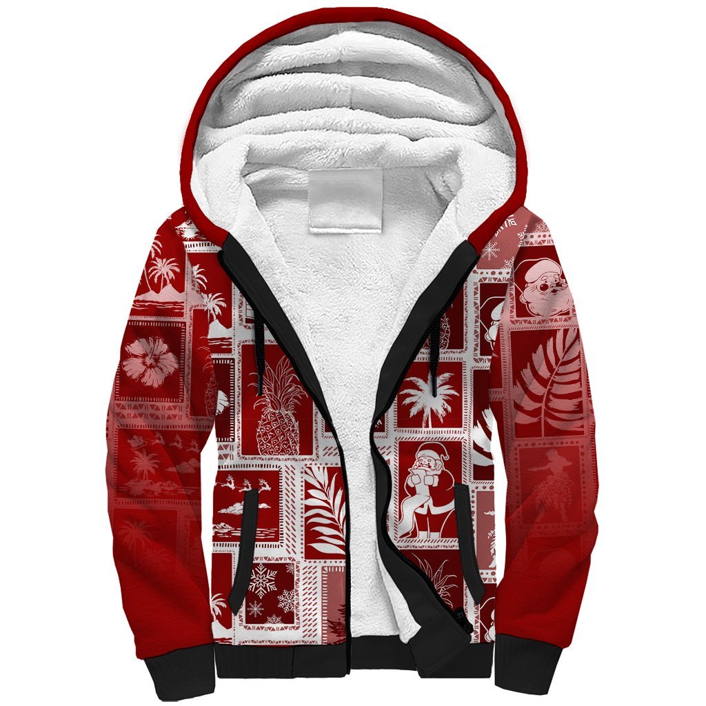Hawaii Christmas Retro Patchwork Sherpa Hoodie Red LT7 Unisex Red - Polynesian Pride