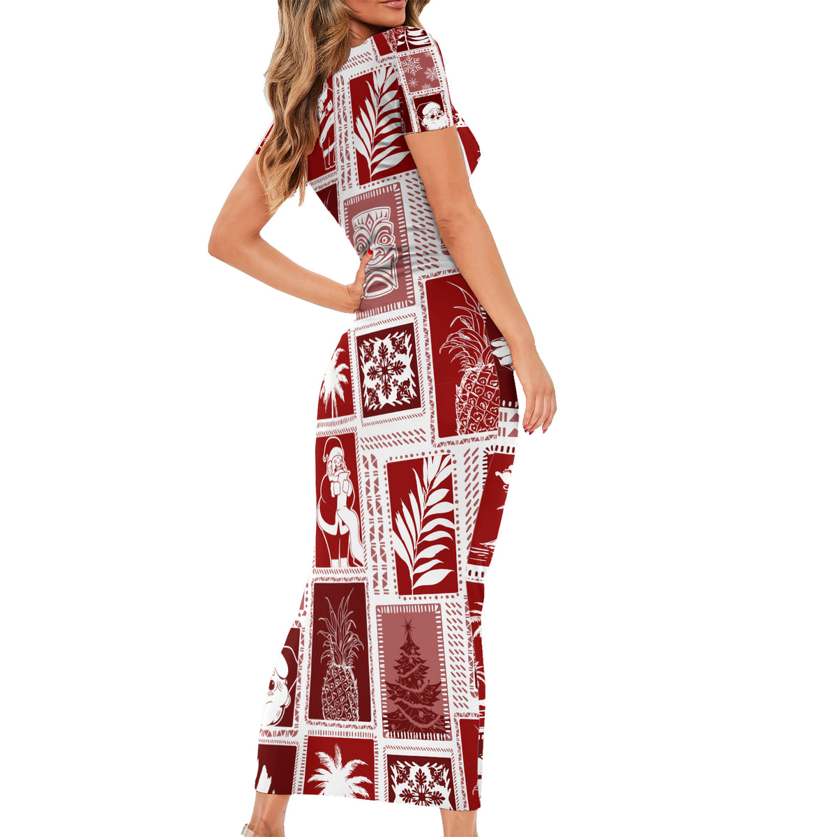 Hawaii Christmas Retro Patchwork Short Sleeve Bodycon Dress Red LT7 - Polynesian Pride