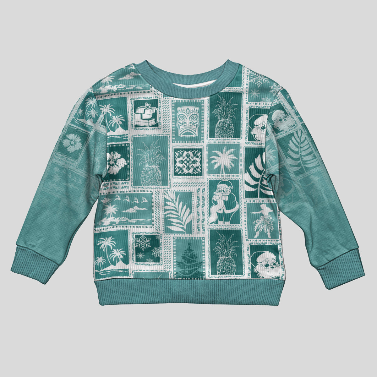 Hawaii Christmas Kid Ugly Christmas Sweater Retro Patchwork - Teal LT7 Kid Teal - Polynesian Pride
