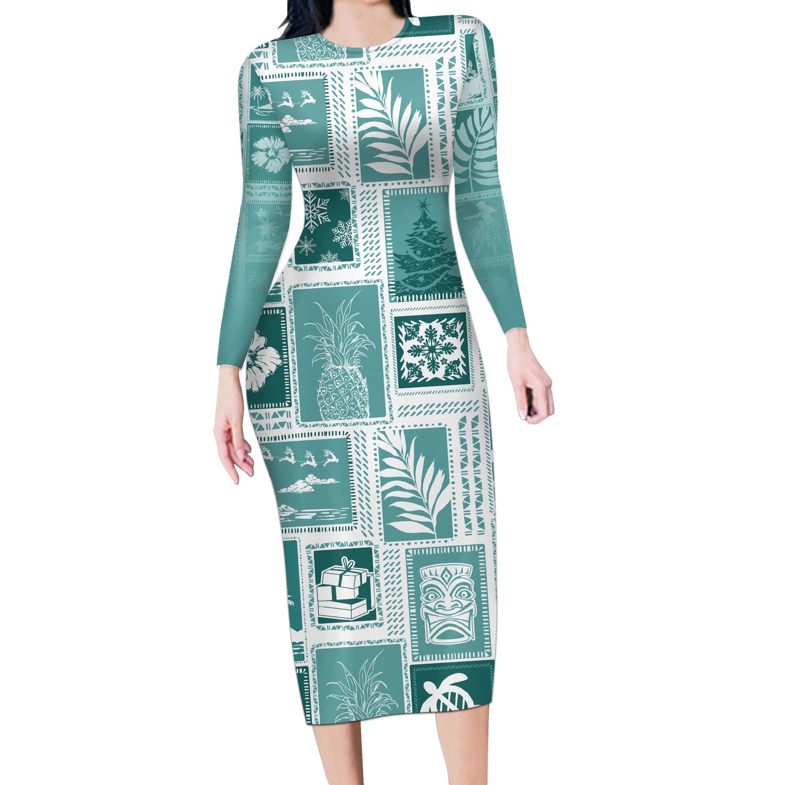 Hawaii Christmas Retro Patchwork Long Sleeve Bodycon Dress Teal LT7 Long Dress Teal - Polynesian Pride