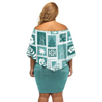 Hawaii Christmas Retro Patchwork Off Shoulder Short Dress Teal LT7 - Polynesian Pride