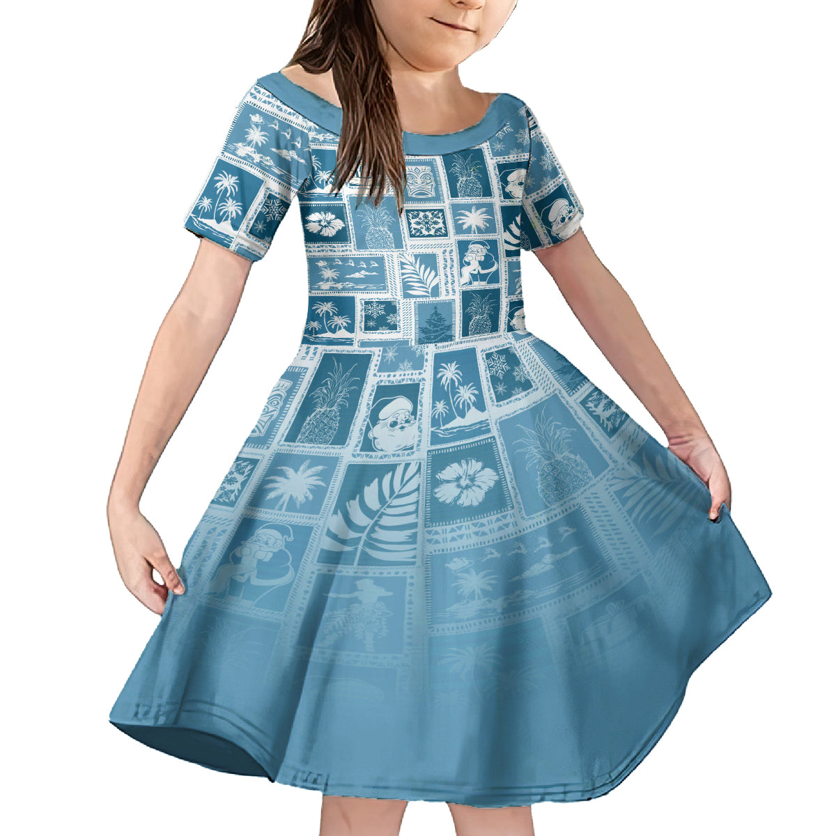 Hawaii Christmas Retro Patchwork Kid Short Sleeve Dress Aquamarine LT7 KID Aquamarine - Polynesian Pride