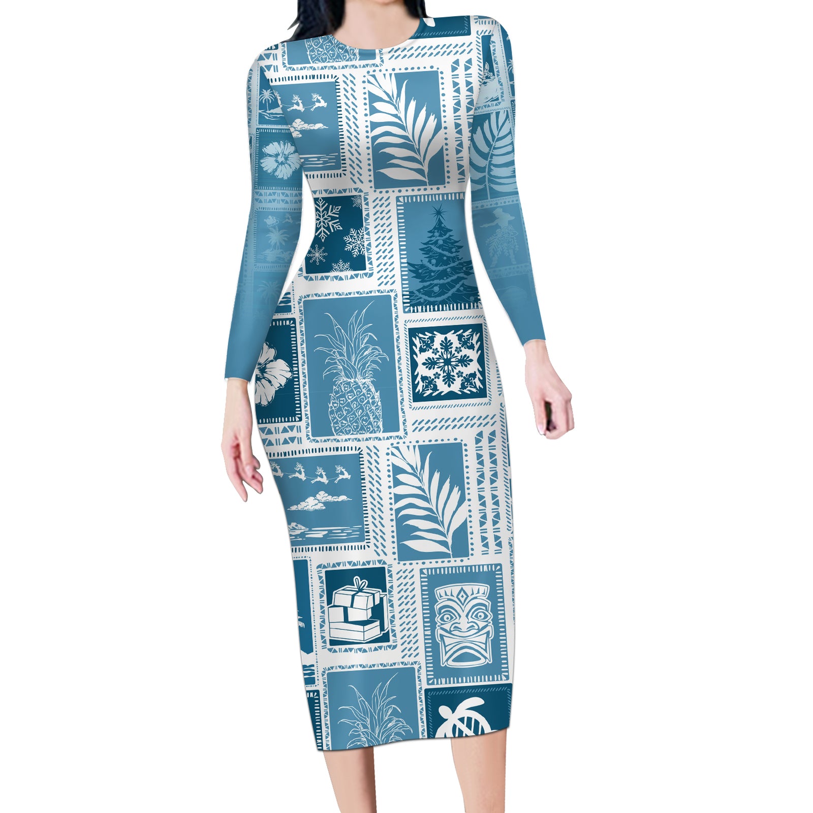 Hawaii Christmas Retro Patchwork Long Sleeve Bodycon Dress Aquamarine LT7 Long Dress Aquamarine - Polynesian Pride