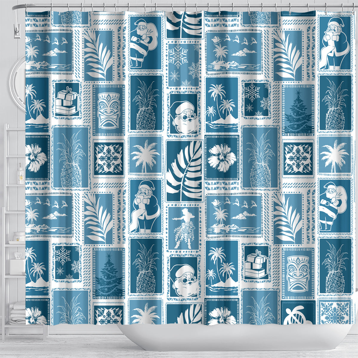 Hawaii Christmas Retro Patchwork Shower Curtain Aquamarine LT7 - Polynesian Pride