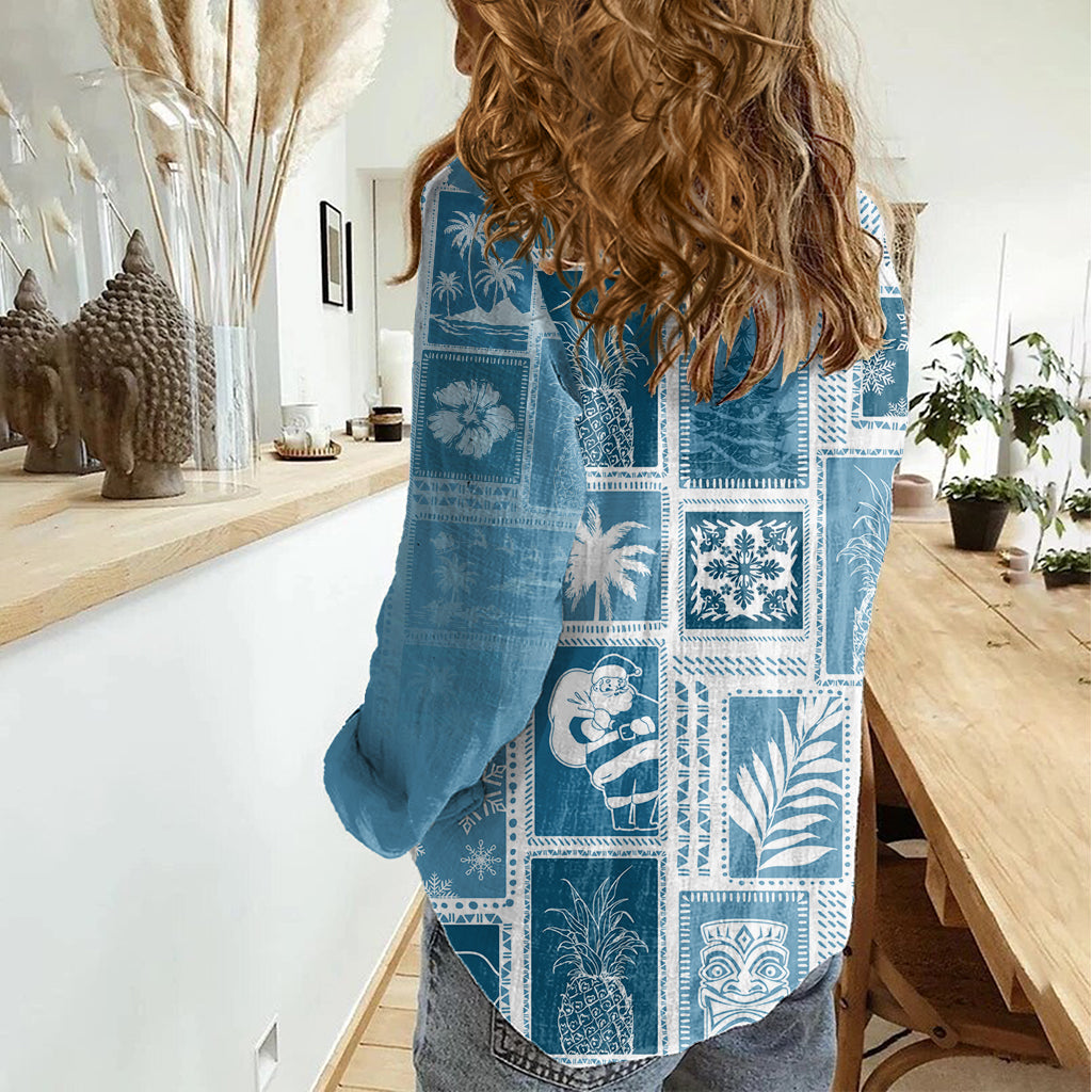 Hawaii Christmas Retro Patchwork Women Casual Shirt Aquamarine LT7 - Polynesian Pride