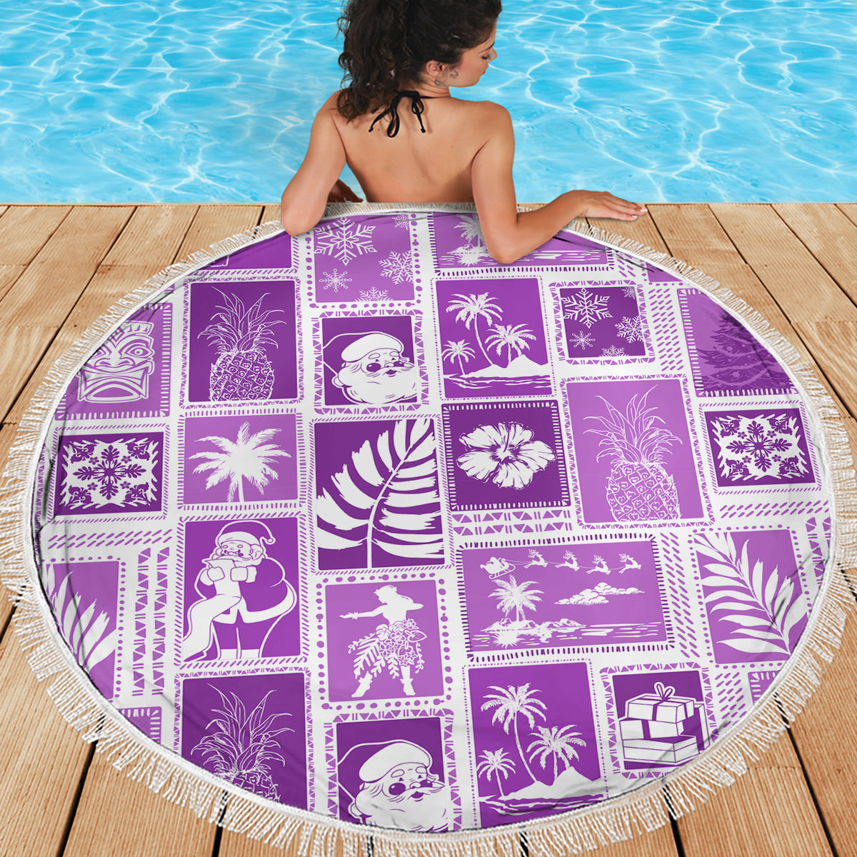 Hawaii Christmas Retro Patchwork Beach Blanket Violet LT7 - Polynesian Pride