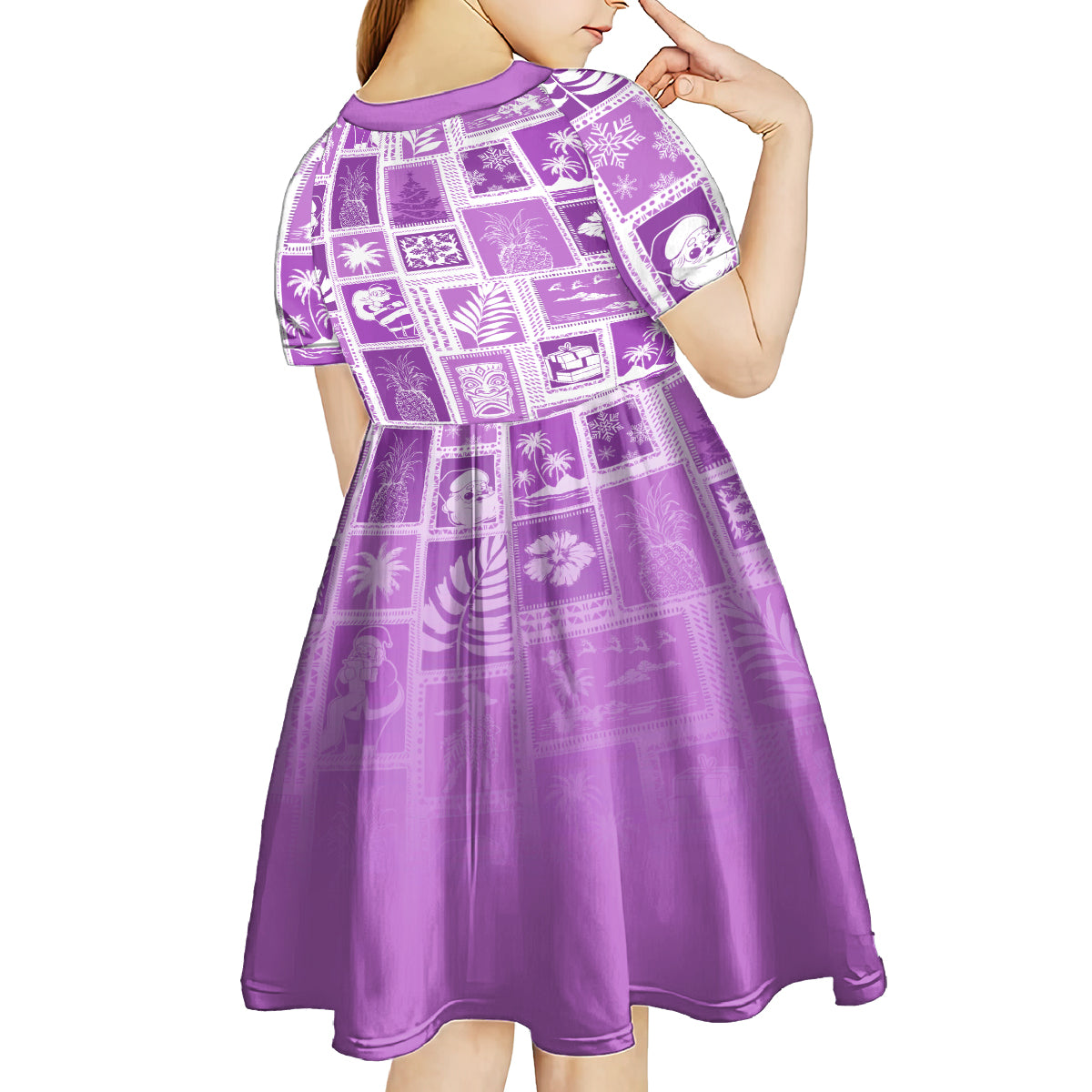 Hawaii Christmas Retro Patchwork Kid Short Sleeve Dress Violet LT7 - Polynesian Pride