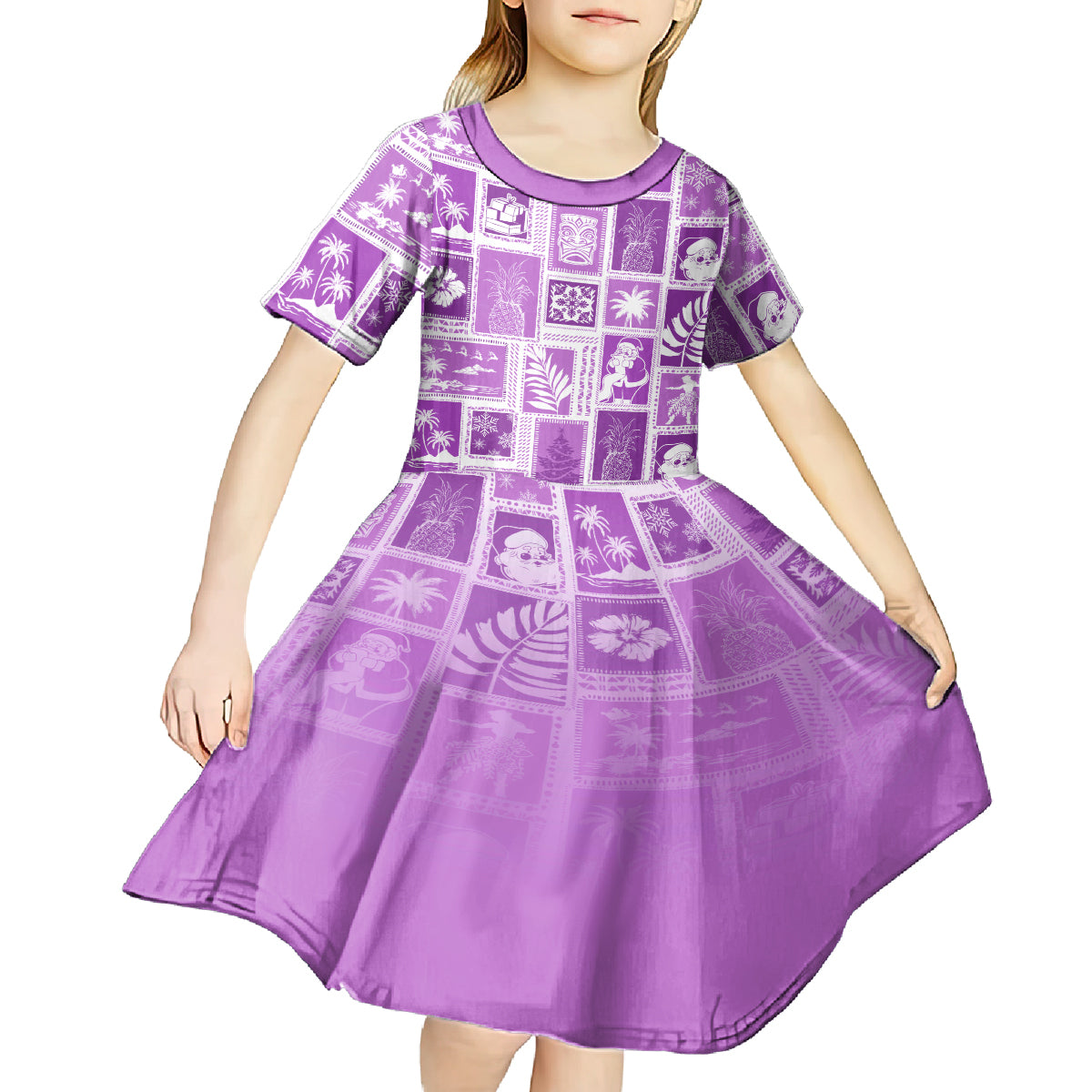 Hawaii Christmas Retro Patchwork Kid Short Sleeve Dress Violet LT7 - Polynesian Pride