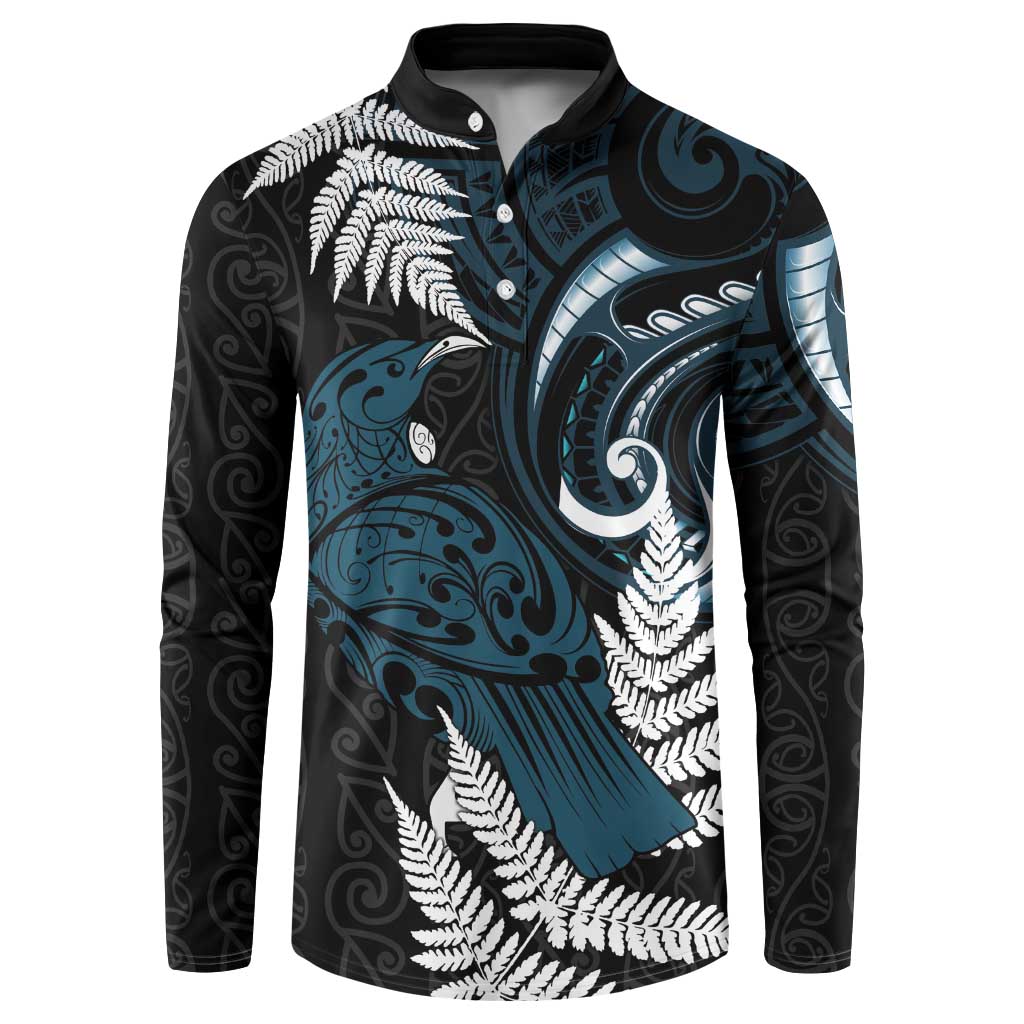 New Zealand Tui Bird Button Sweatshirt Maori Kowhaiwhai LT7 Teal - Polynesian Pride