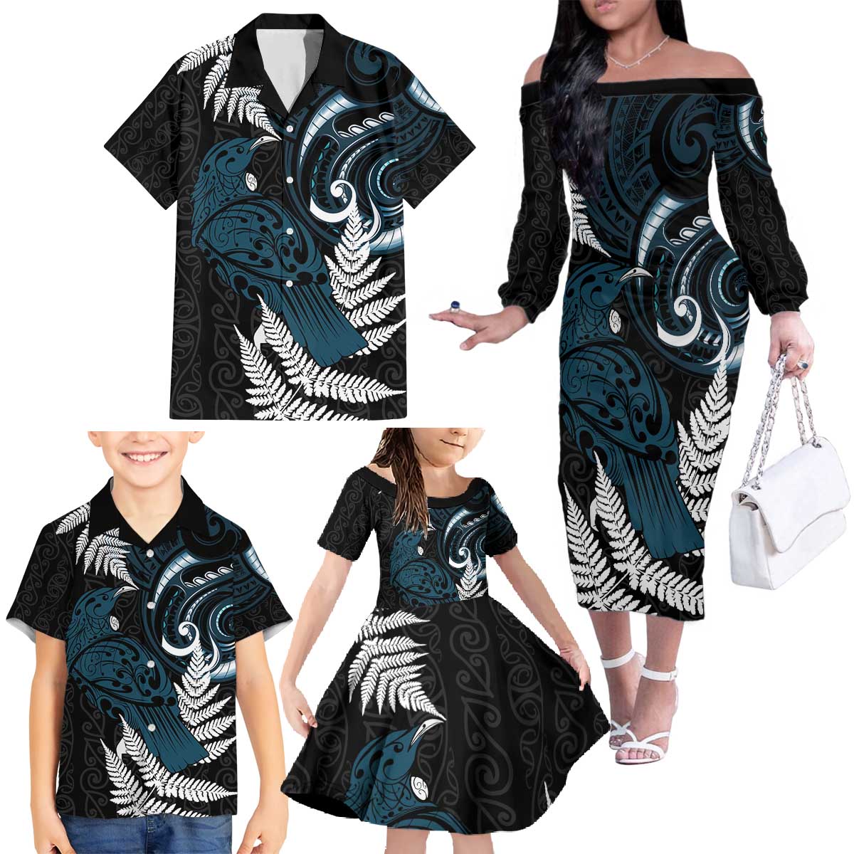 New Zealand Tui Bird Family Matching Off The Shoulder Long Sleeve Dress and Hawaiian Shirt Maori Kowhaiwhai