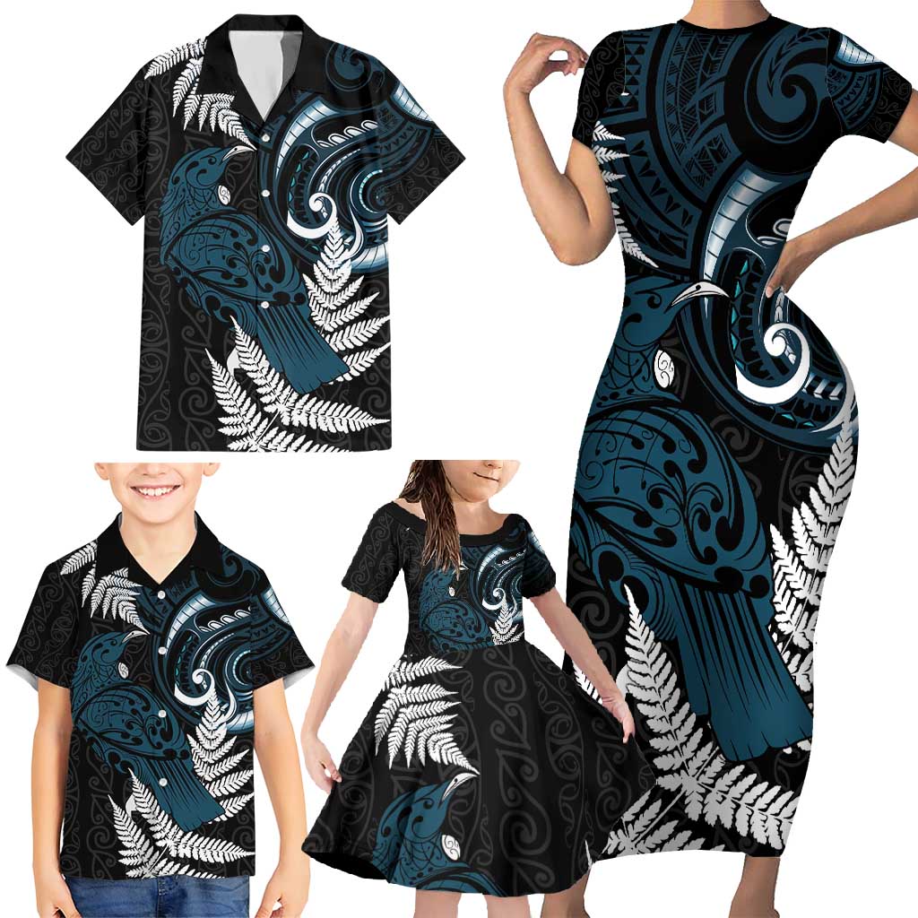 New Zealand Tui Bird Family Matching Short Sleeve Bodycon Dress and Hawaiian Shirt Maori Kowhaiwhai