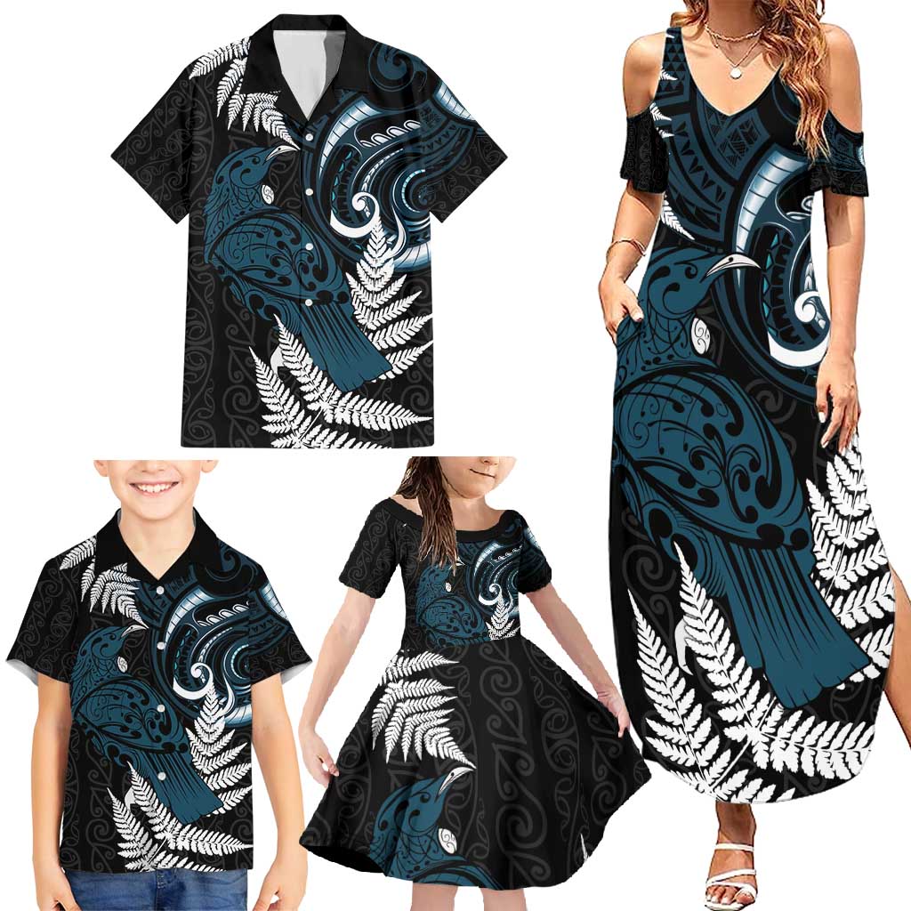 New Zealand Tui Bird Family Matching Summer Maxi Dress and Hawaiian Shirt Maori Kowhaiwhai