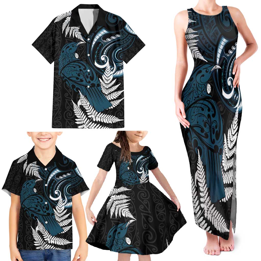 New Zealand Tui Bird Family Matching Tank Maxi Dress and Hawaiian Shirt Maori Kowhaiwhai