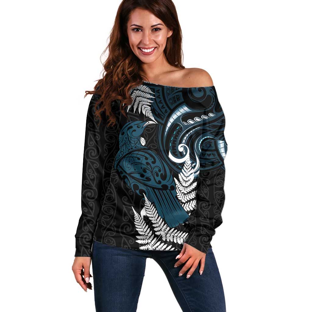 New Zealand Tui Bird Off Shoulder Sweater Maori Kowhaiwhai LT7 Women Teal - Polynesian Pride