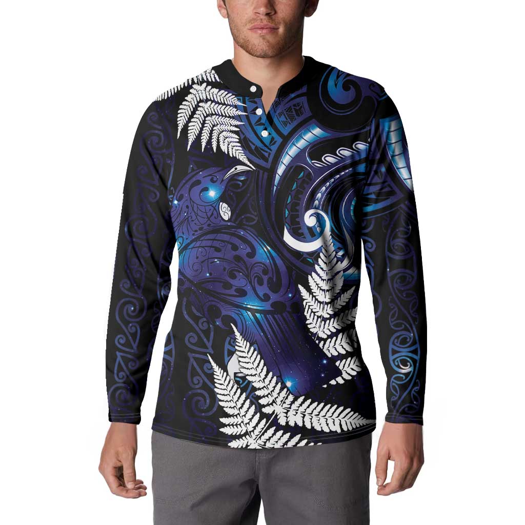 New Zealand Maori Matariki Button Sweatshirt Tui Bird Galaxy LT7 - Polynesian Pride