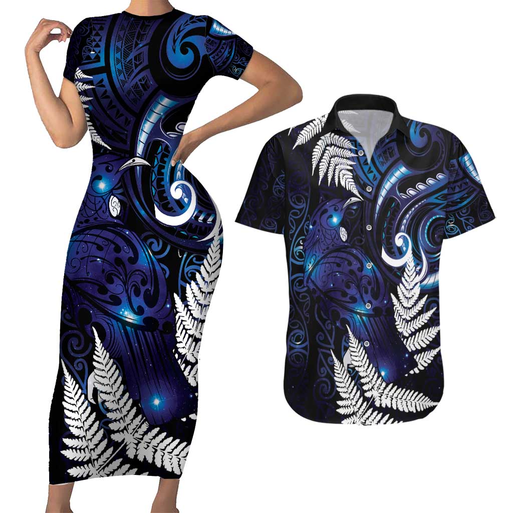 New Zealand Maori Matariki Couples Matching Short Sleeve Bodycon Dress and Hawaiian Shirt Tui Bird Galaxy