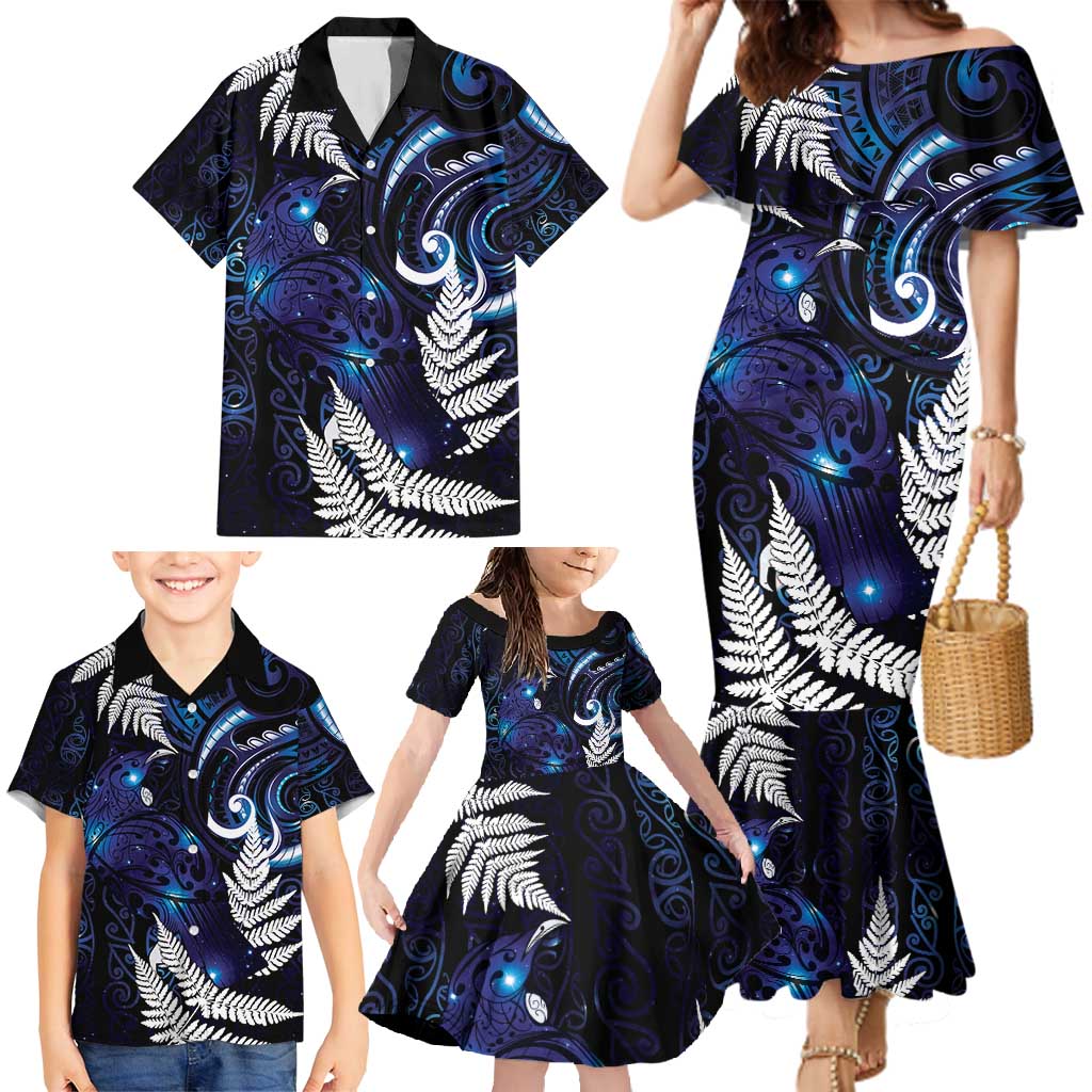 New Zealand Maori Matariki Family Matching Mermaid Dress and Hawaiian Shirt Tui Bird Galaxy