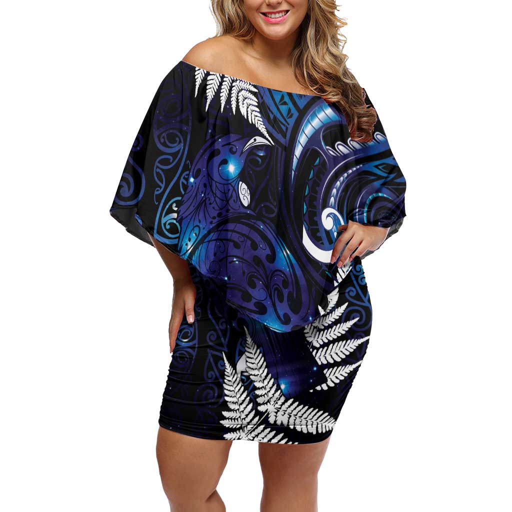 New Zealand Maori Matariki Off Shoulder Short Dress Tui Bird Galaxy LT7 Women Galaxy - Polynesian Pride