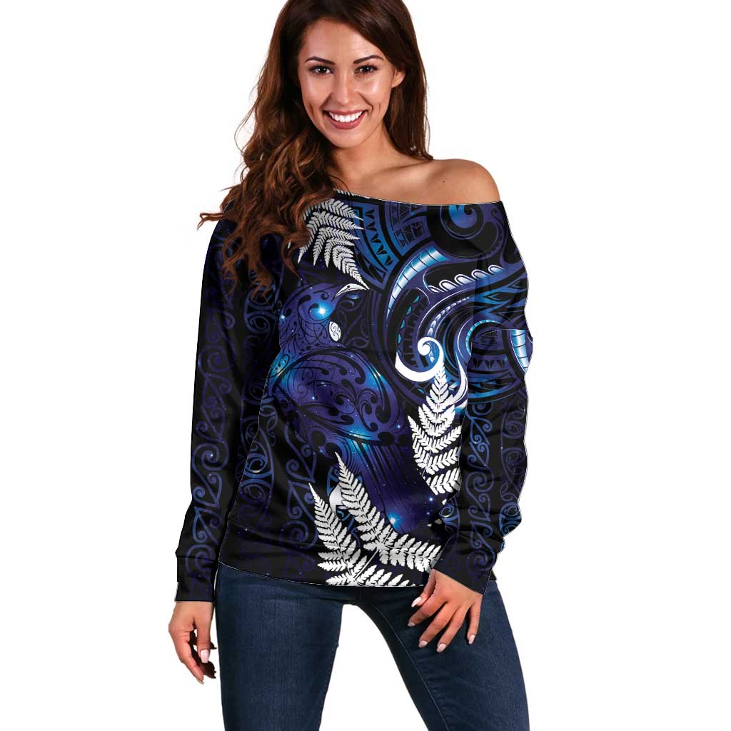 New Zealand Maori Matariki Off Shoulder Sweater Tui Bird Galaxy LT7 Women Galaxy - Polynesian Pride