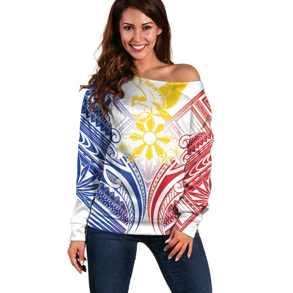 Philippines Tribal Sun Personalized Off Shoulder Sweater Hunting Eagle LT7 Women White - Polynesian Pride