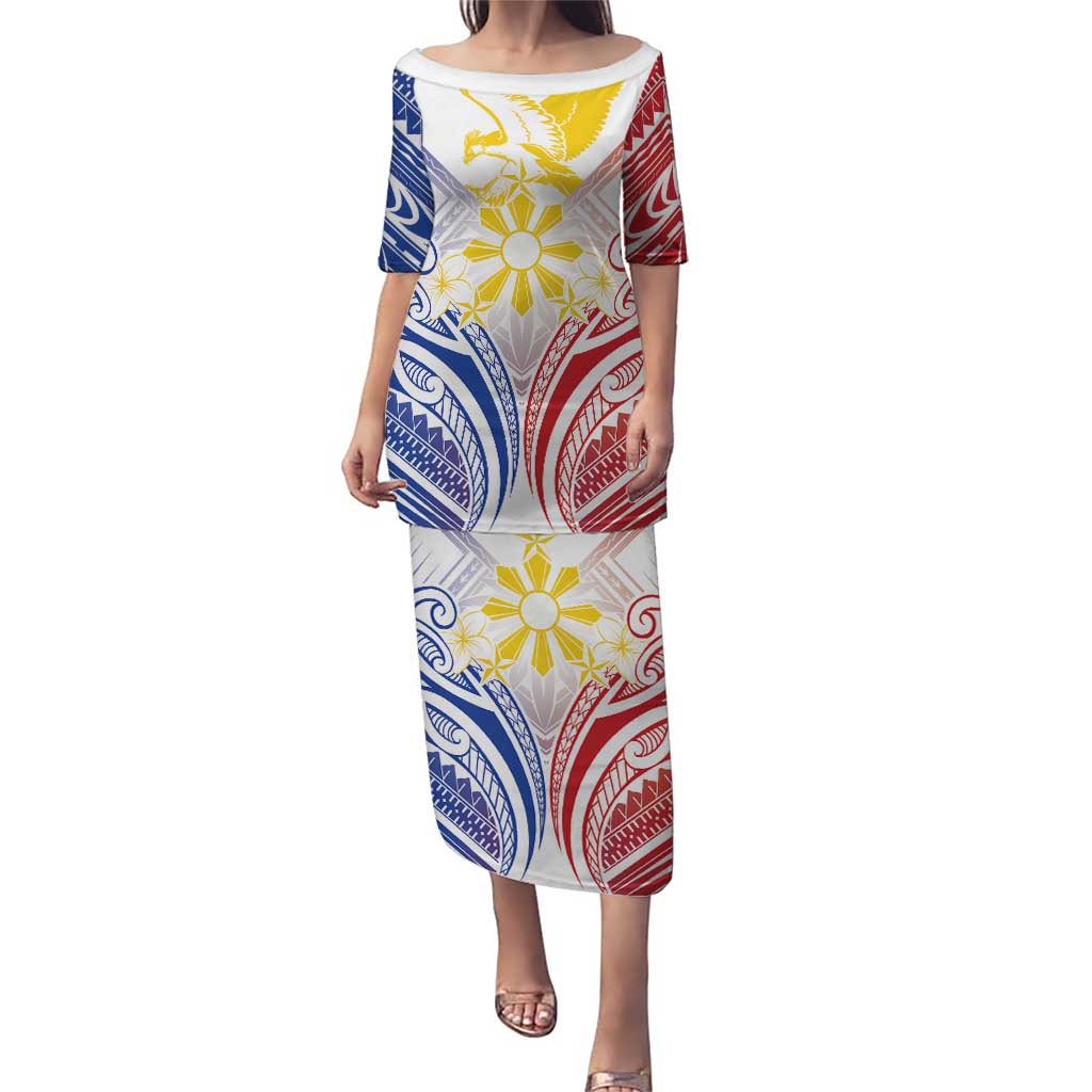 Philippines Tribal Sun Personalized Puletasi Hunting Eagle LT7 Long Dress White - Polynesian Pride