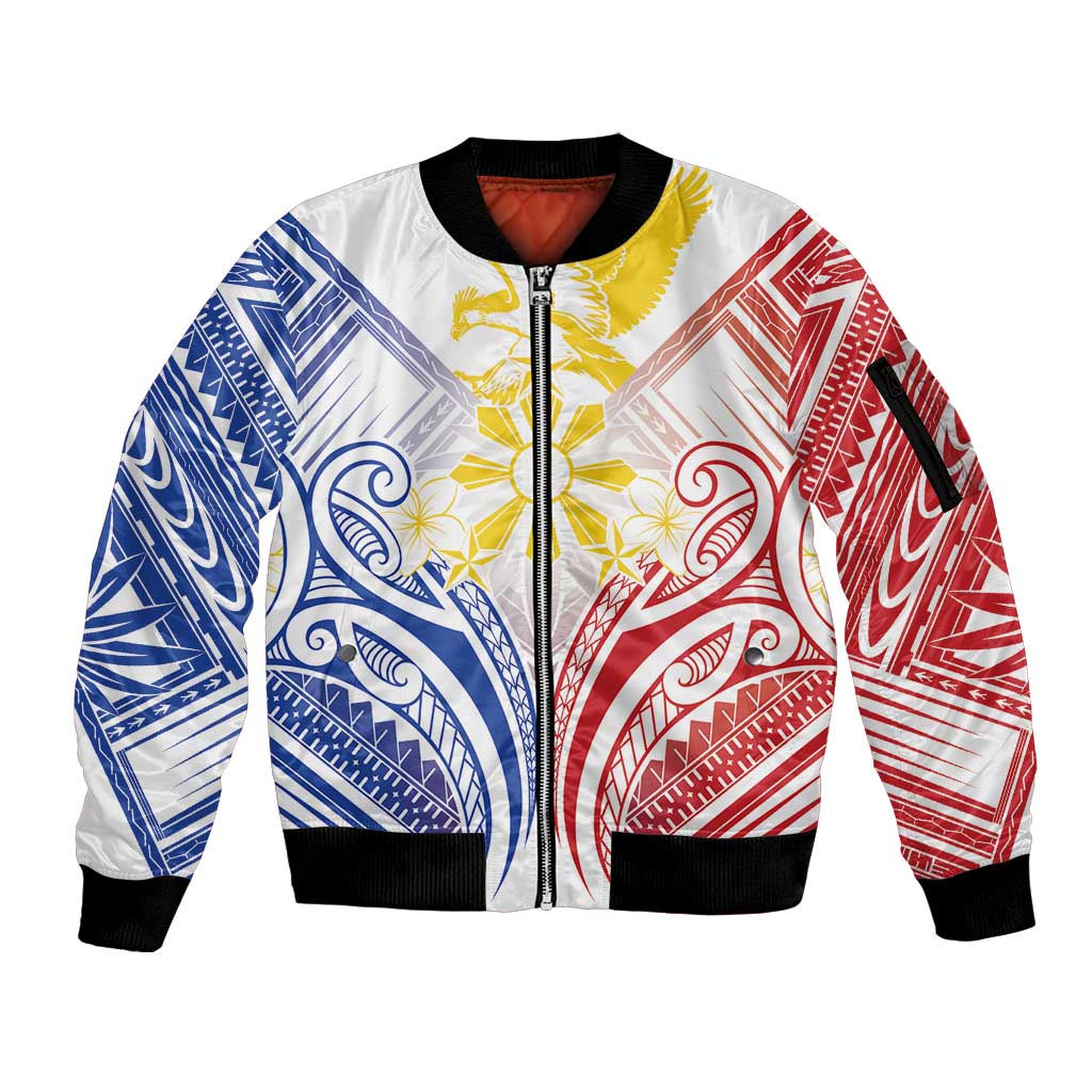 Philippines Tribal Sun Personalized Sleeve Zip Bomber Jacket Hunting Eagle LT7 Unisex White - Polynesian Pride