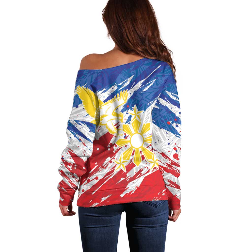 Personalized Filipino Sun and Stars Off Shoulder Sweater Grunge Vibes LT7 - Polynesian Pride