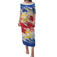 Personalized Filipino Sun and Stars Puletasi Grunge Vibes LT7 Long Dress White - Polynesian Pride