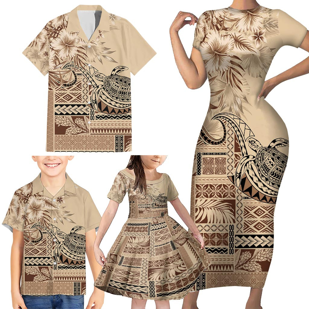 Vaiaso o le Gagana Samoa Family Matching Short Sleeve Bodycon Dress and Hawaiian Shirt Siapo Motif Beige