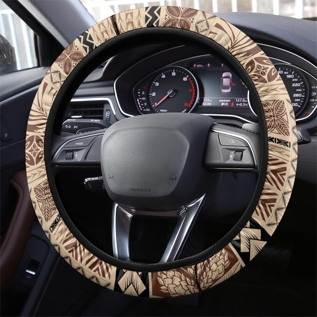 Vaiaso o le Gagana Samoa Steering Wheel Cover Siapo Motif Beige LT7 - Polynesian Pride