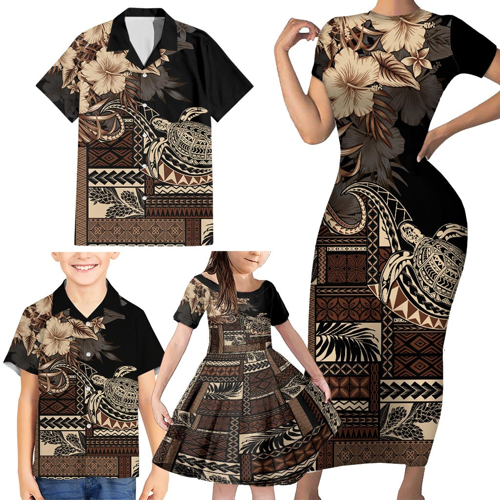 Vaiaso o le Gagana Samoa Family Matching Short Sleeve Bodycon Dress and Hawaiian Shirt Siapo Motif Black