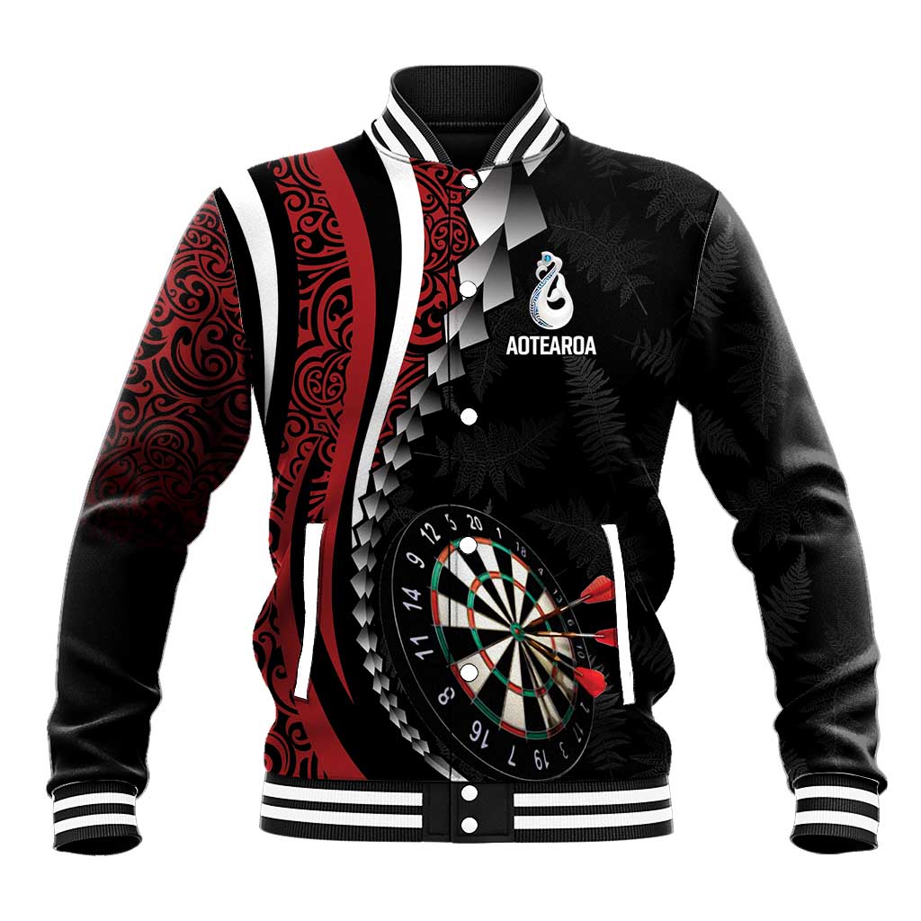 Personalized New Zealand Darts Baseball Jacket Kowhaiwhai Whero Koiri - Manaia LT7 Unisex Red - Polynesian Pride