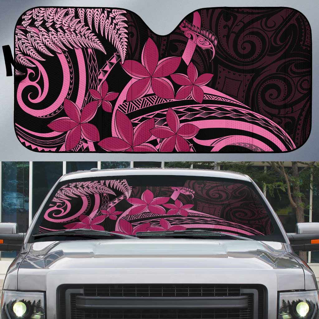 Aotearoa Maori Auto Sun Shade Pink Fern Ribbons on Black LT7 Black - Polynesian Pride