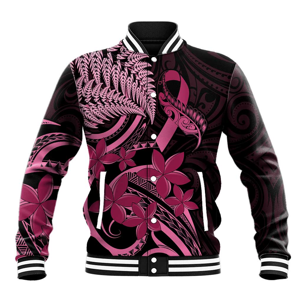 Aotearoa Maori Baseball Jacket Pink Fern Ribbons on Black LT7 Unisex Black - Polynesian Pride