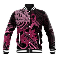 Aotearoa Maori Baseball Jacket Pink Fern Ribbons on Black LT7 Unisex Black - Polynesian Pride